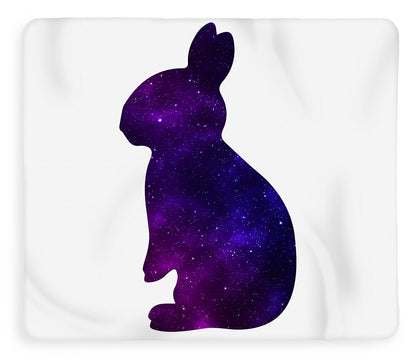Rabbit-themed blanket with dark purple galaxy print and full sitting rabbit silhouette