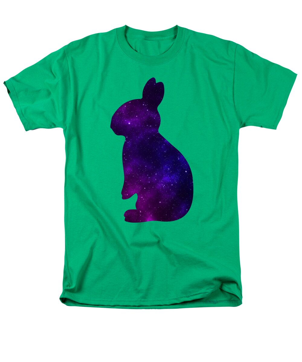Men's green T-shirt with purple galaxy rabbit silhouette graphic on front