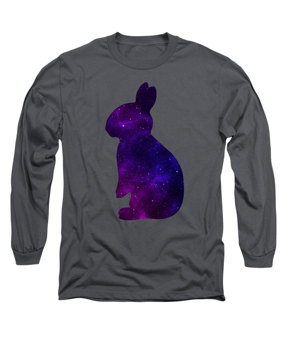 Charcoal gray long sleeve T-shirt with purple galaxy rabbit graphic on front