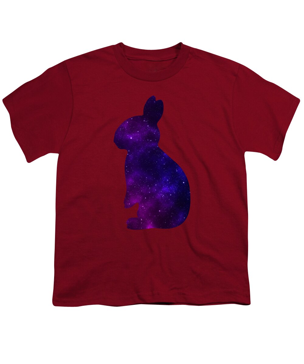Red youth t-shirt with purple galaxy-style rabbit silhouette graphic on front