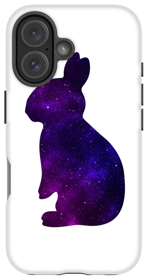 Phone case with white backing and purple galaxy rabbit silhouette, multi-lens camera and flash