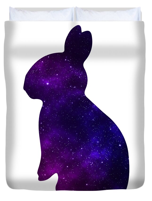Duvet cover with large purple galaxy rabbit silhouette on front panel