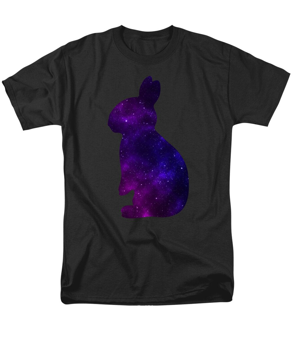 Black men’s t-shirt with purple galaxy rabbit silhouette graphic on the chest.