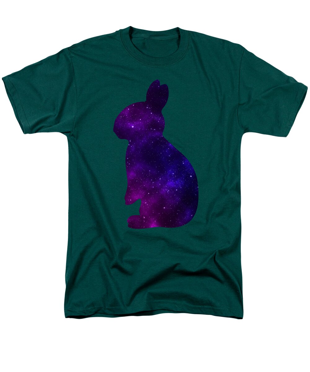 Green men’s t-shirt with purple galaxy rabbit silhouette graphic on the chest.