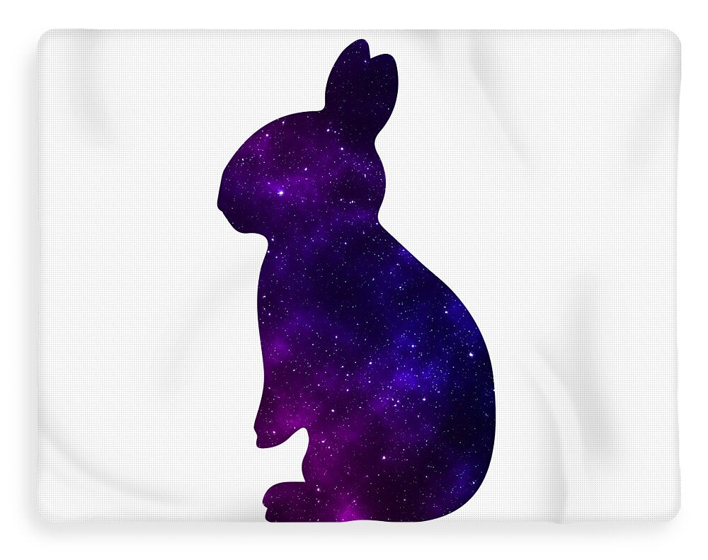 Rabbit silhouette fleece blanket with dark purple galaxy pattern, right-facing