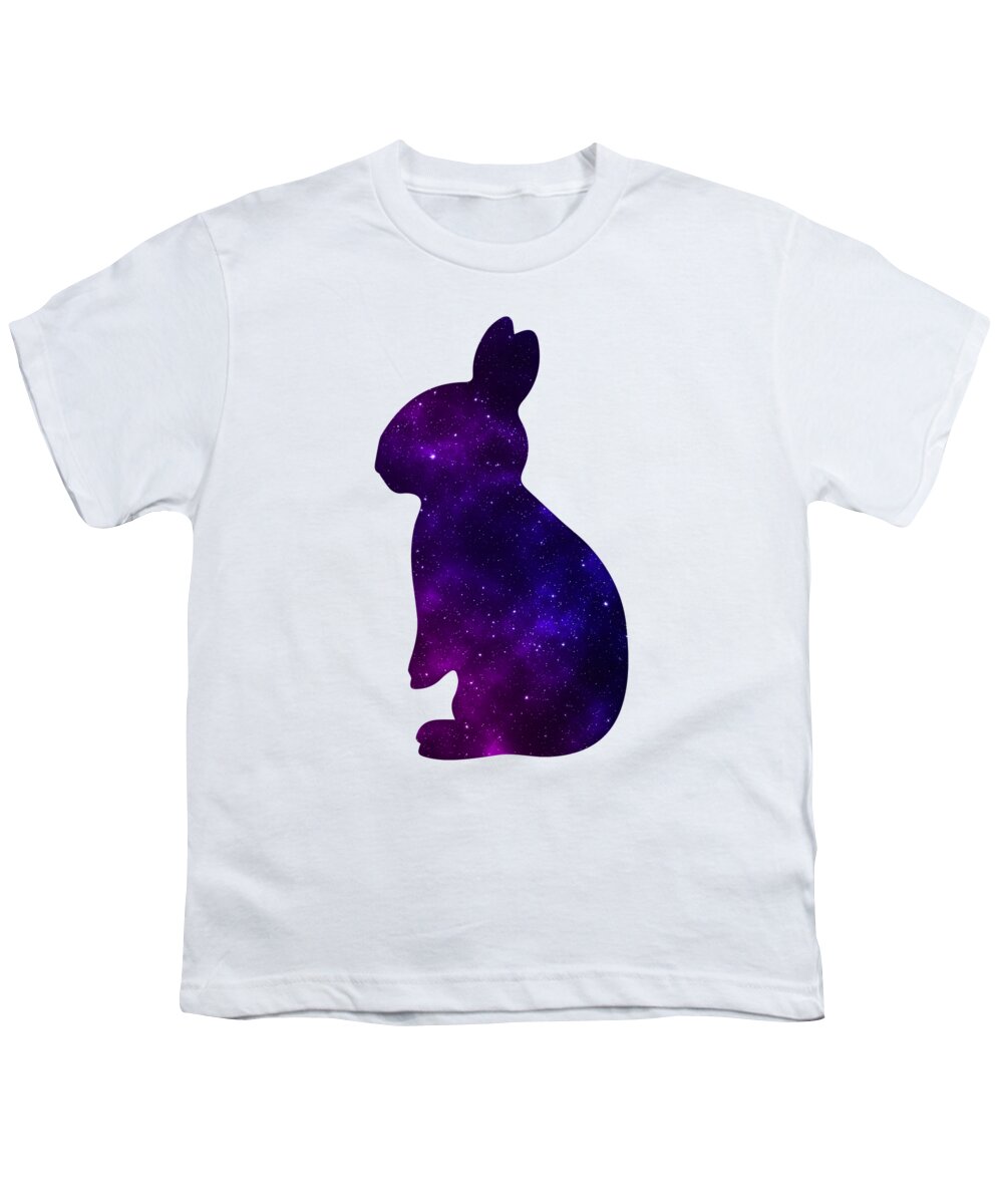 White youth t-shirt with purple galaxy-style rabbit silhouette graphic on front