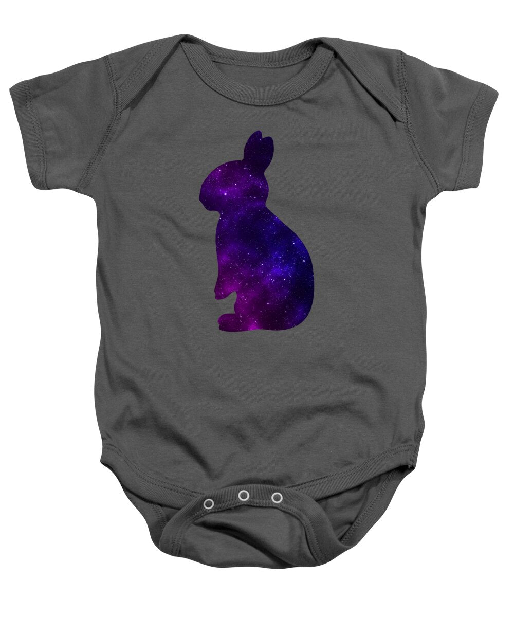 Charcoal baby onesie with purple galaxy bunny silhouette front graphic