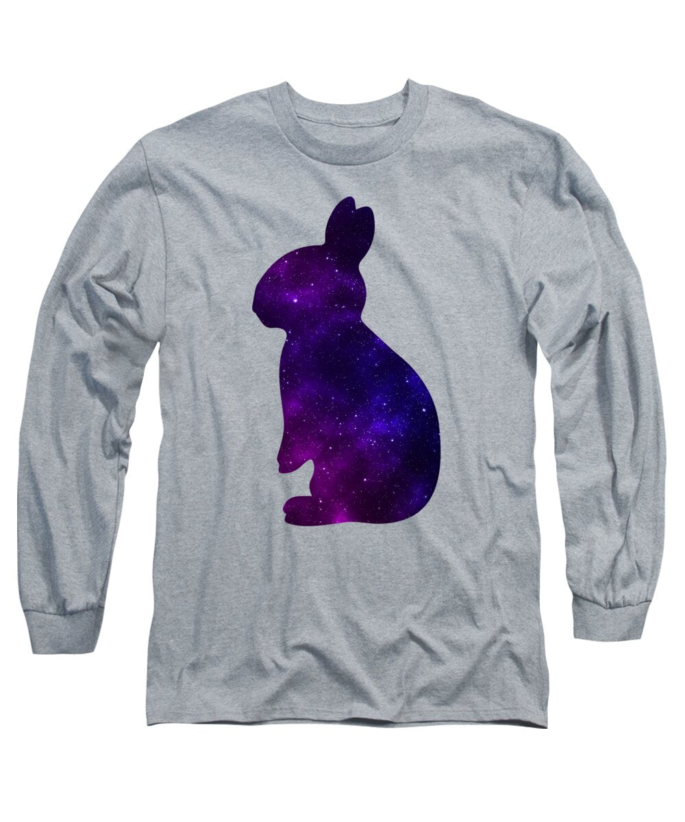 Heather gray long sleeve T-shirt with purple galaxy rabbit graphic on front