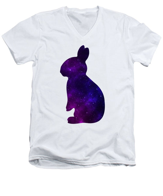Men's white V-neck T-shirt with purple galaxy rabbit silhouette graphic