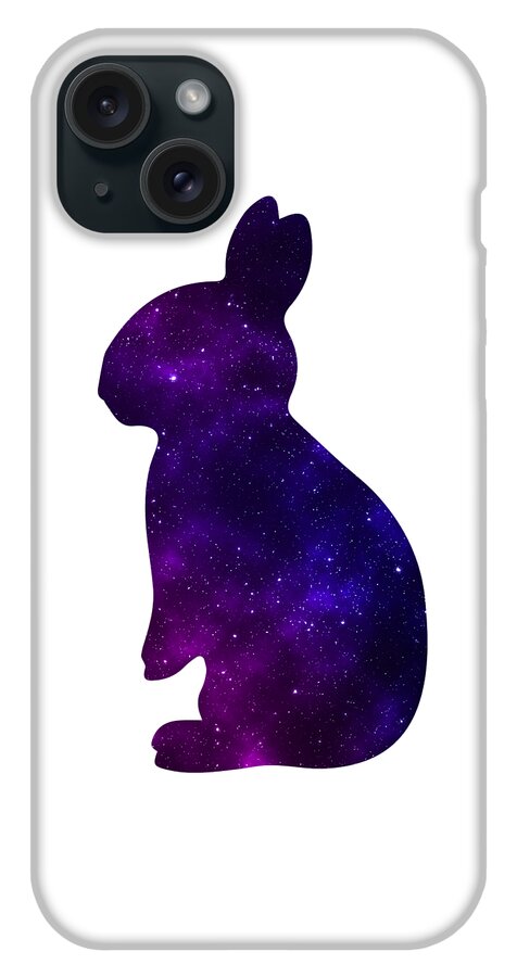 White phone case showing purple galaxy rabbit silhouette with side buttons