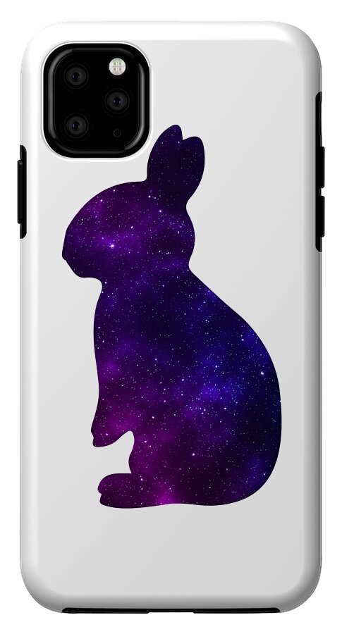 White phone case with purple galaxy rabbit silhouette and top-left quad camera cutout