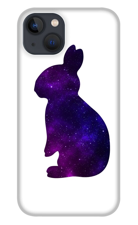 White phone case with purple galaxy rabbit silhouette and black camera module