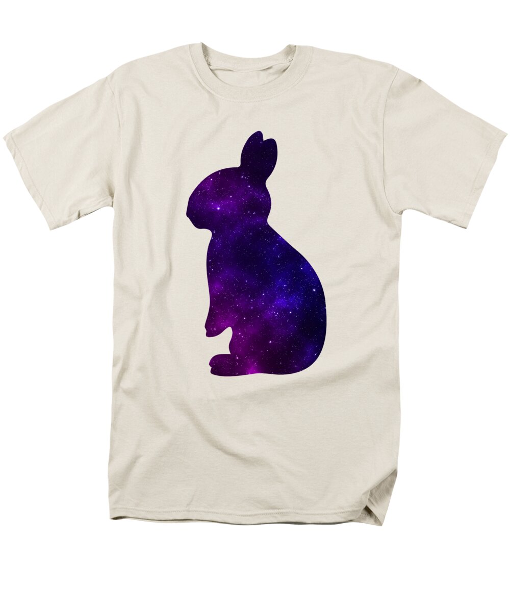 Cream men’s t-shirt with purple galaxy rabbit silhouette graphic on the chest.