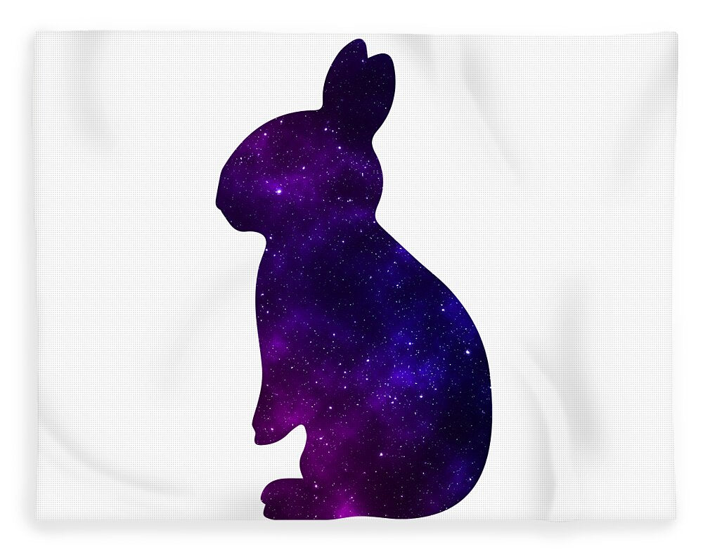 Rabbit silhouette on dark purple galaxy-style fleece blanket, centered design