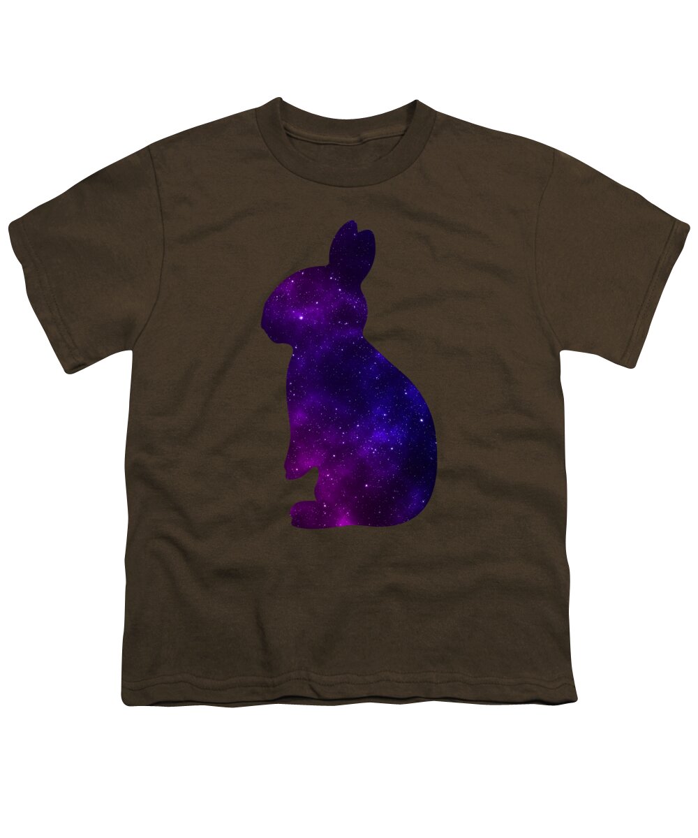 Brown youth t-shirt with purple galaxy-style rabbit silhouette graphic on front