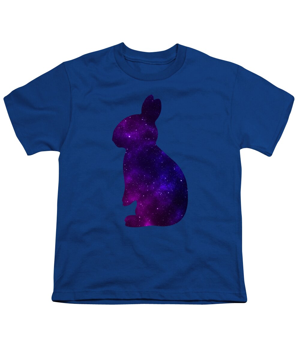 Youth royal blue T-shirt with purple galaxy bunny silhouette graphic on front