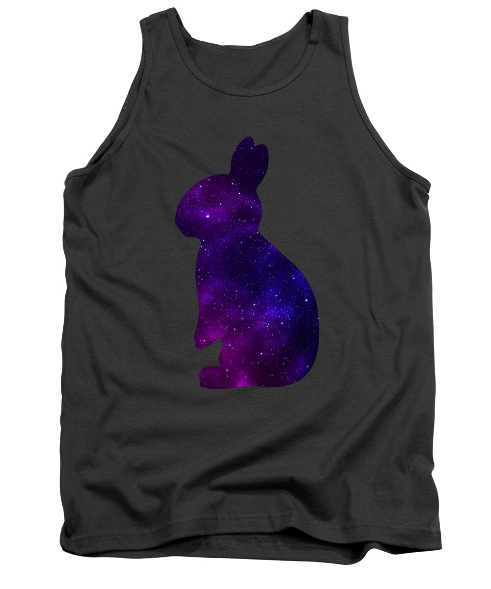 Charcoal gray tank top with galaxy-style purple rabbit graphic