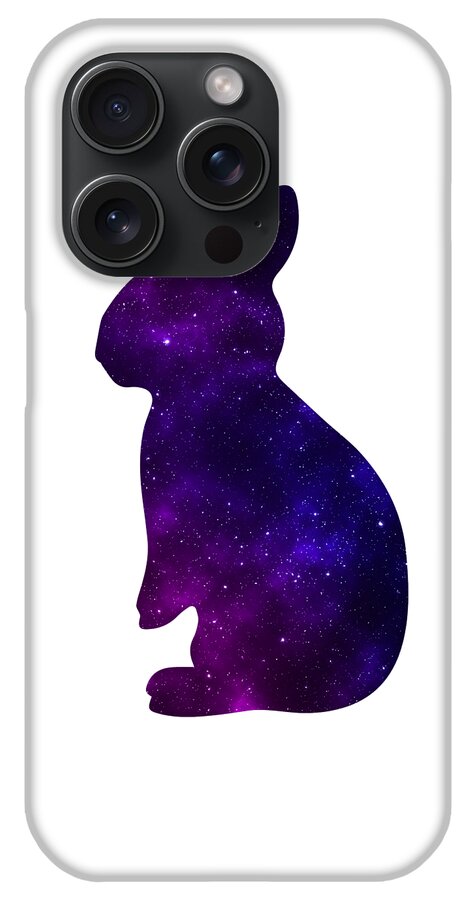 White phone case with purple galaxy rabbit silhouette and multiple camera lenses