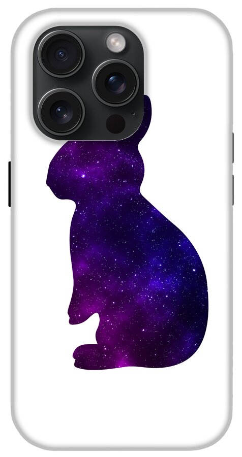 White phone case with purple galaxy rabbit silhouette and multiple camera cutouts