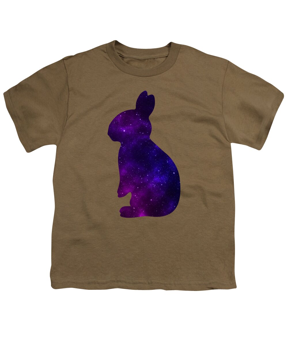 Youth olive brown T-shirt with purple galaxy bunny silhouette graphic on front