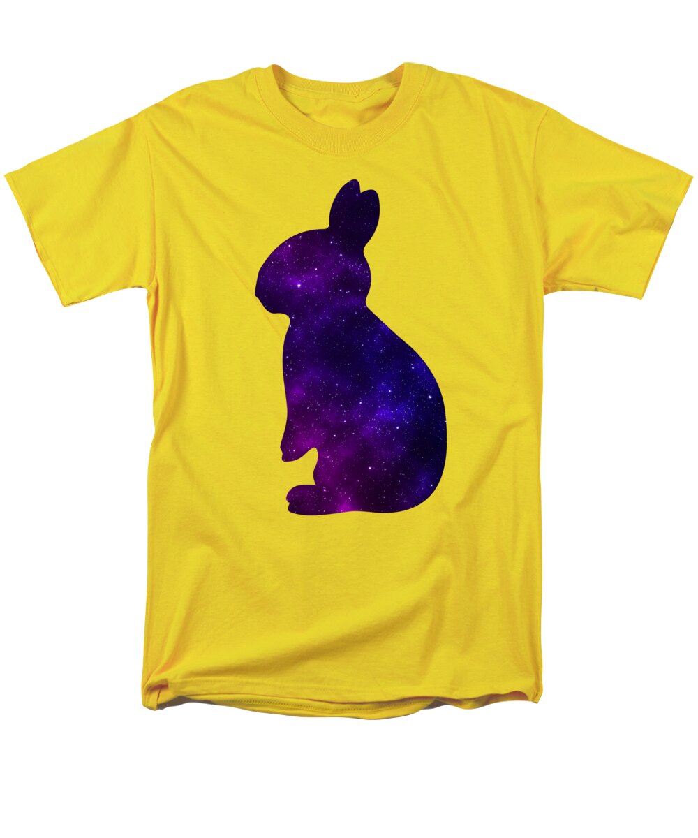 Men's yellow T-shirt with purple galaxy rabbit silhouette graphic on front