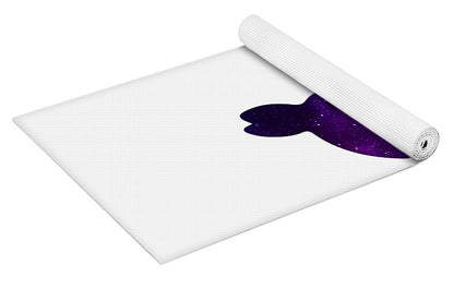 Yoga mat laid flat with rolled edge; purple galaxy rabbit tail graphic