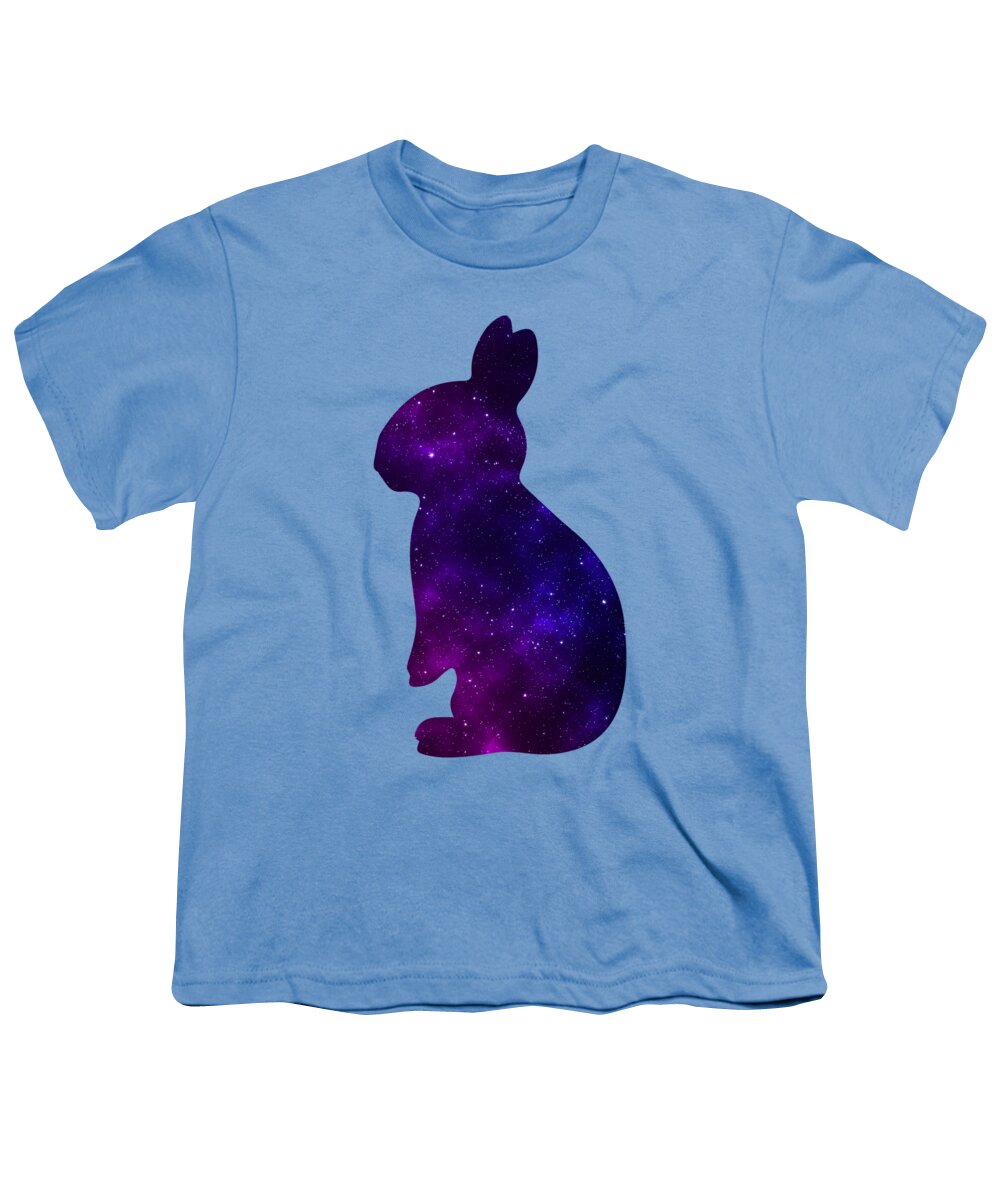 Light blue youth t-shirt with purple galaxy-style rabbit silhouette graphic on front
