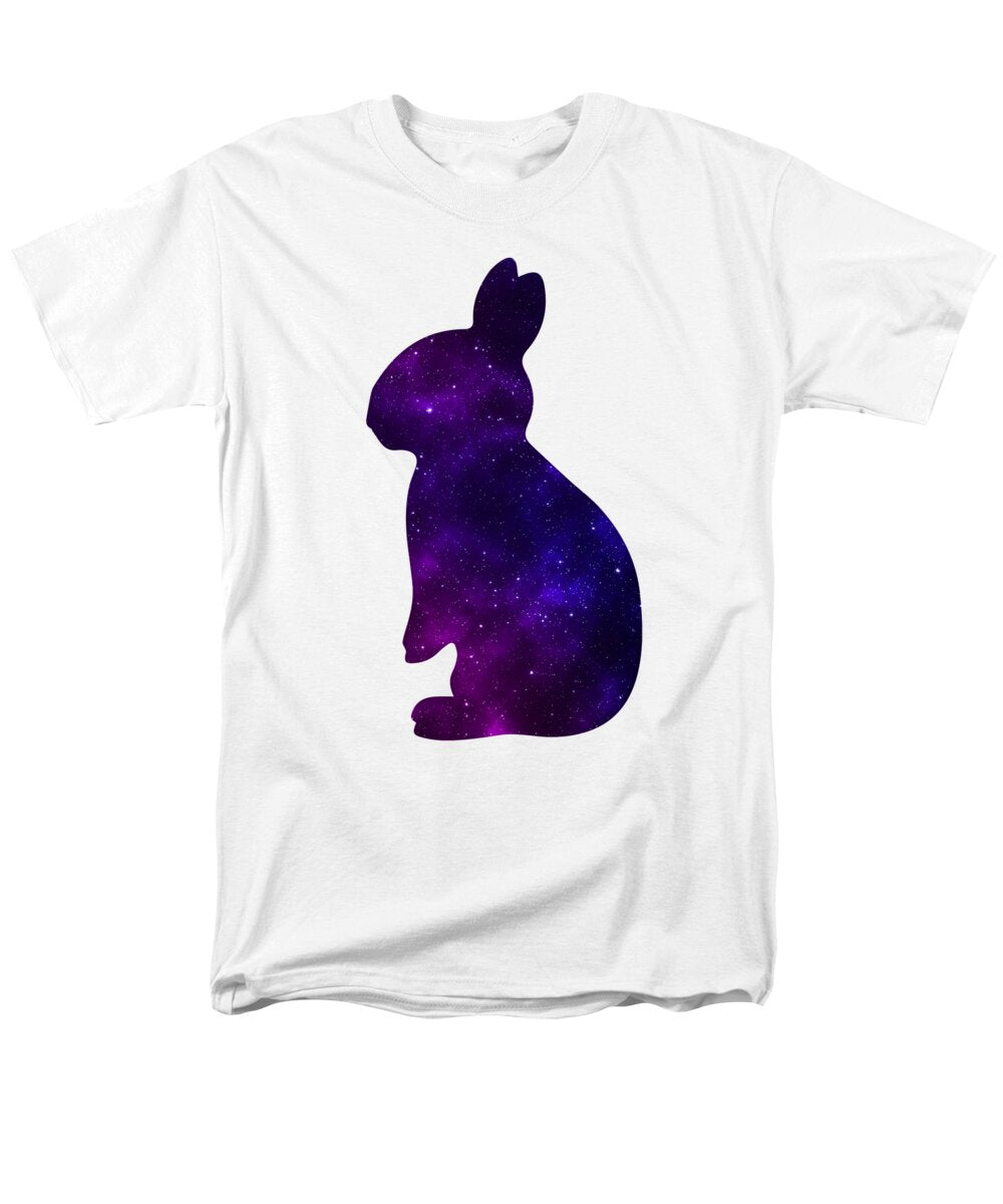 White men’s t-shirt with purple galaxy rabbit silhouette graphic on the chest.