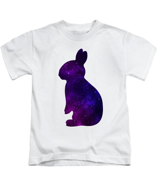Kids T-shirt, white with purple galaxy bunny silhouette graphic