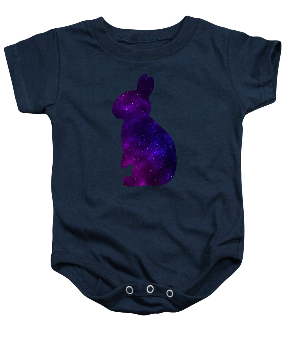 Navy baby onesie with purple galaxy bunny silhouette front graphic