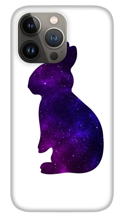 White phone case with purple galaxy rabbit silhouette and gray triple camera