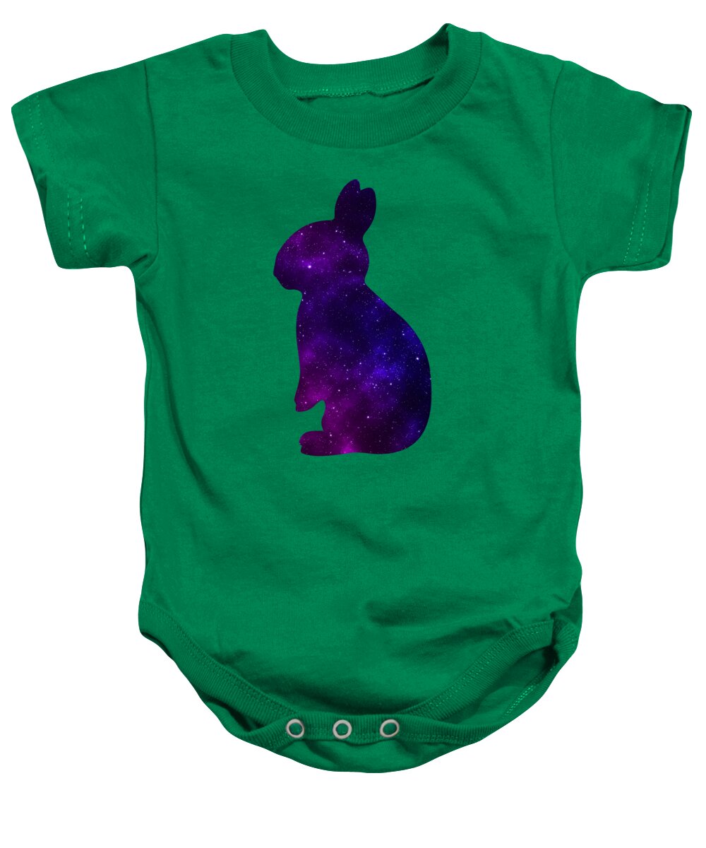 Kelly green baby onesie with purple galaxy bunny silhouette front graphic