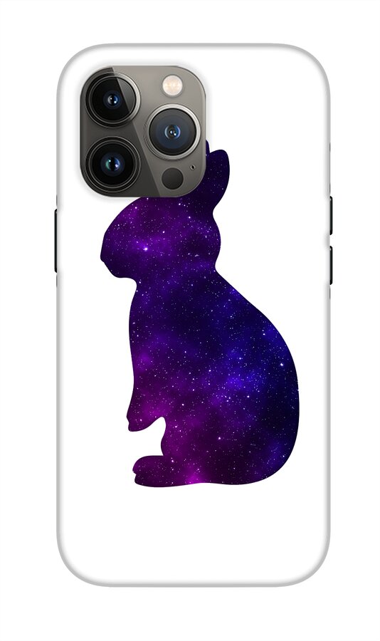 White phone case with purple galaxy rabbit silhouette and gray triple camera