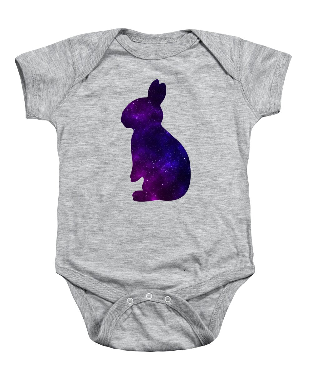 Heather gray baby onesie with purple galaxy bunny silhouette front