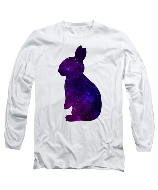 White long sleeve T-shirt with purple galaxy rabbit graphic on front