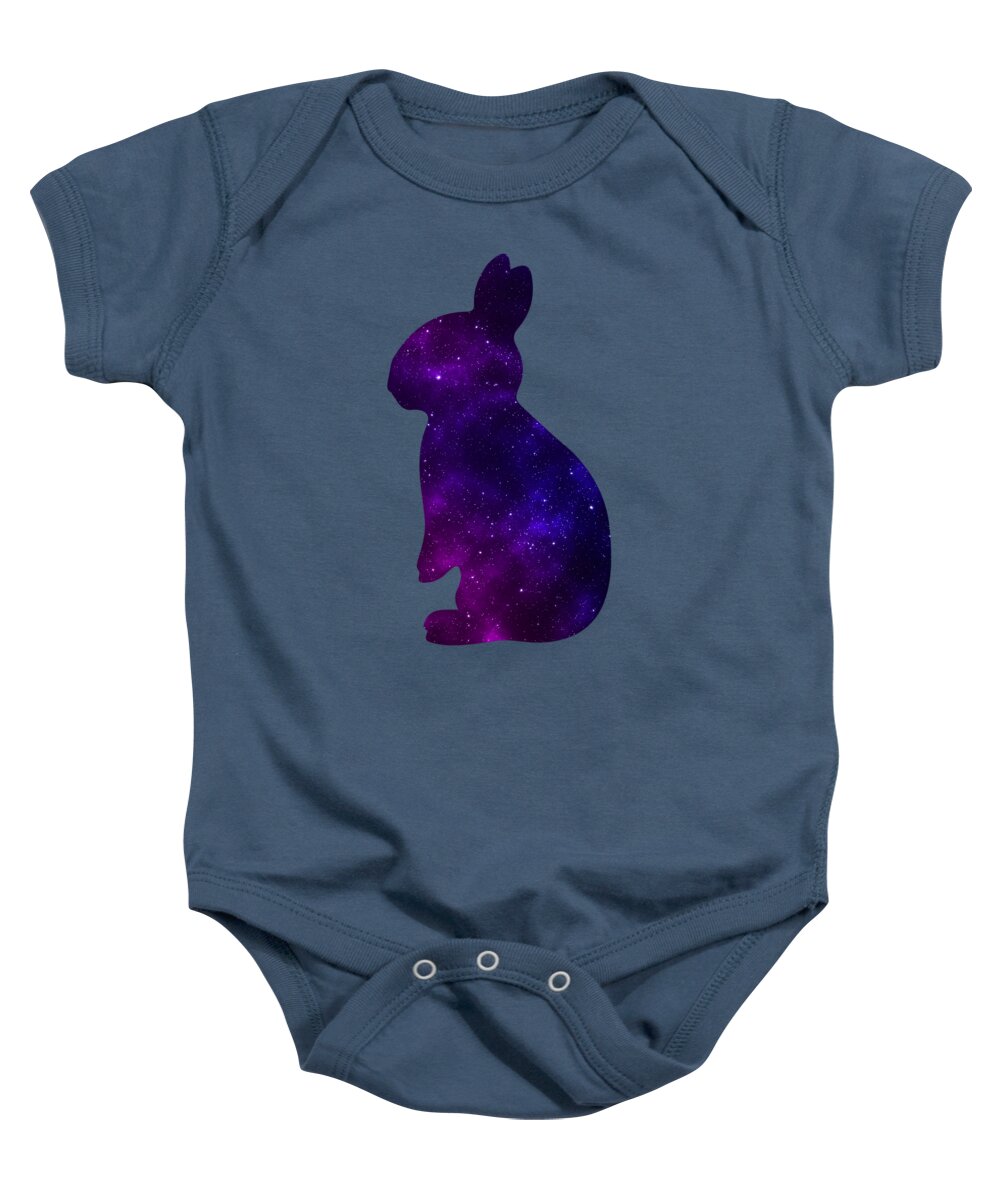 Indigo blue baby onesie with purple galaxy bunny silhouette on front