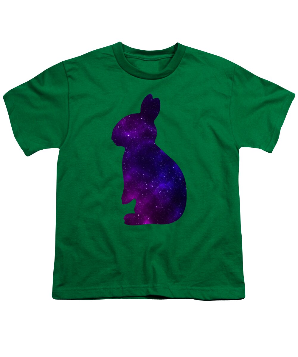 Youth green T-shirt with purple galaxy bunny silhouette graphic on front