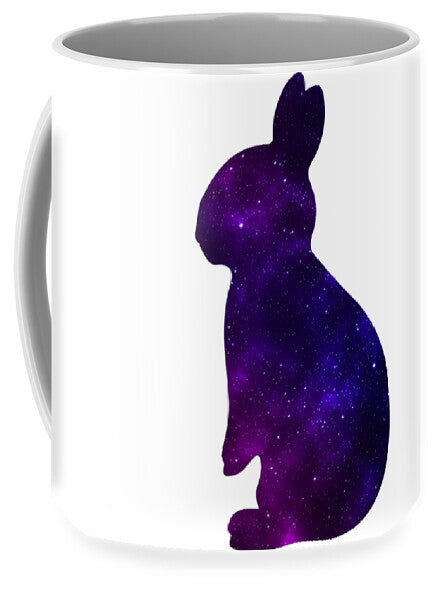 White ceramic mug with side view of purple galaxy rabbit silhouette