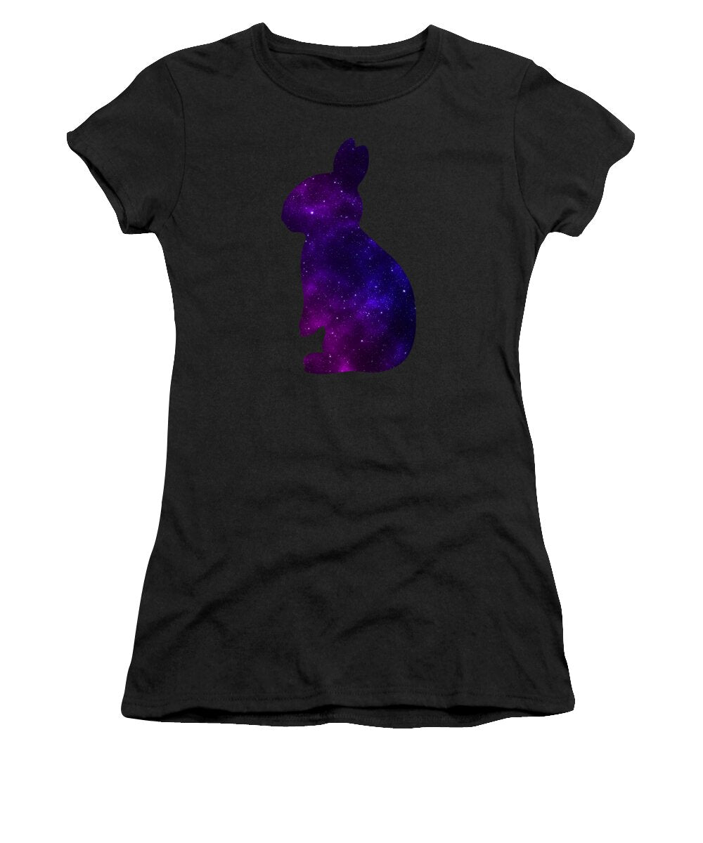 Women’s T-shirt in black with purple galaxy rabbit graphic at center front