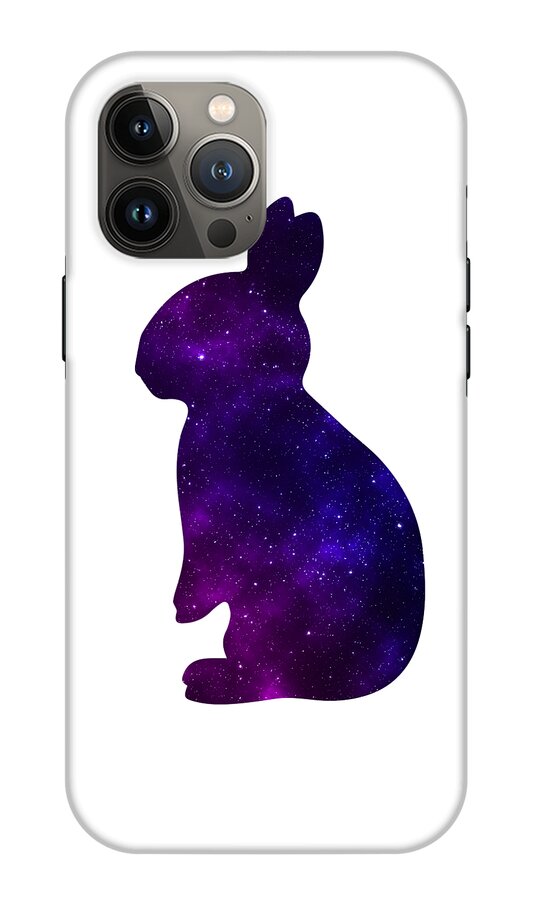 White phone case with purple galaxy rabbit silhouette and gray triple camera