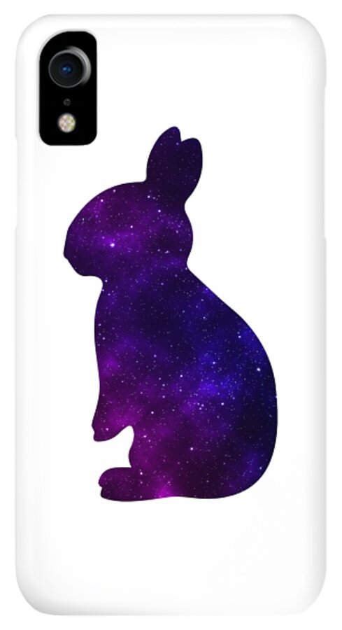 Phone case with white backing and purple galaxy rabbit silhouette, vertical camera on left