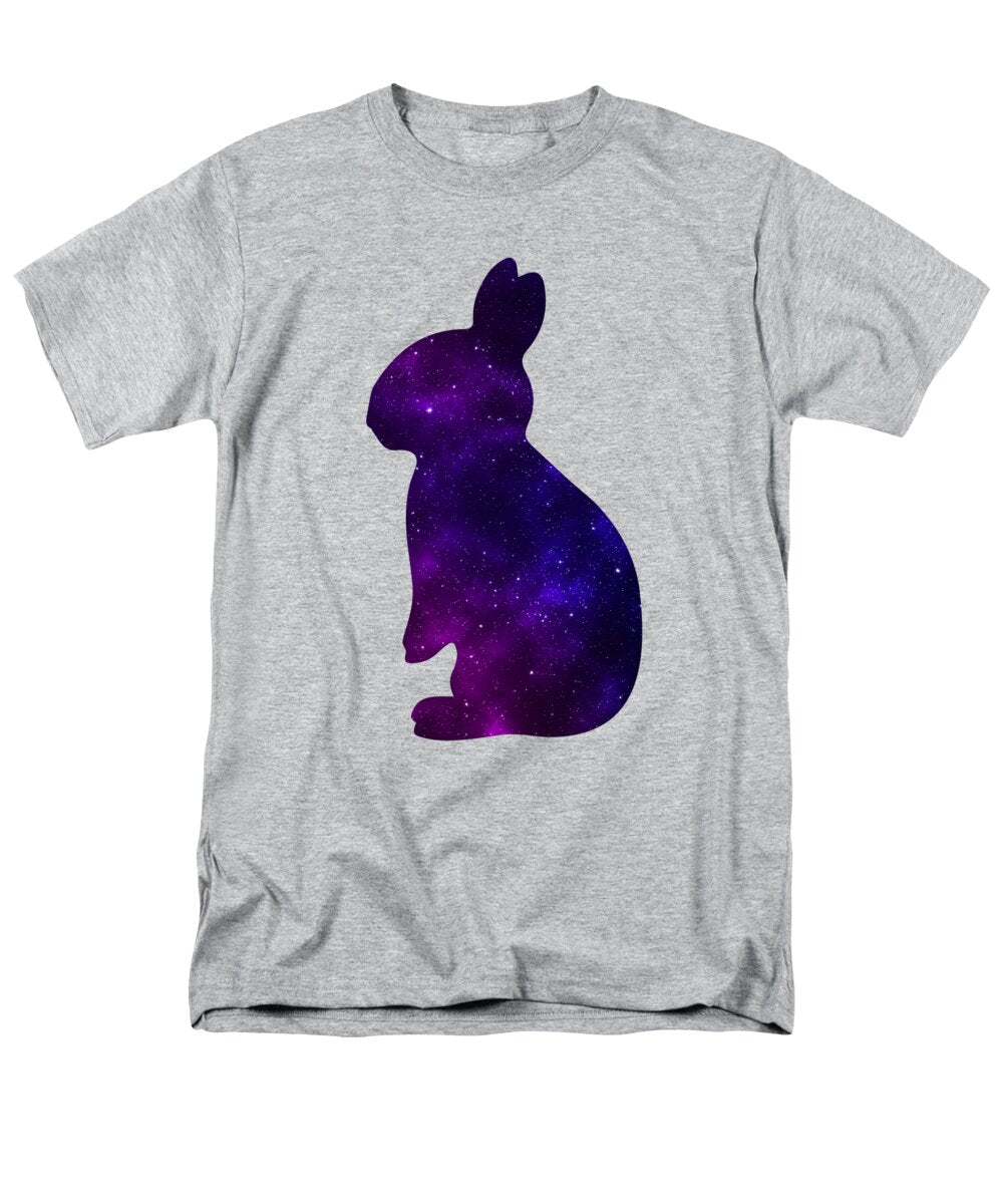 Heather gray men’s t-shirt with purple galaxy rabbit silhouette graphic on the chest.