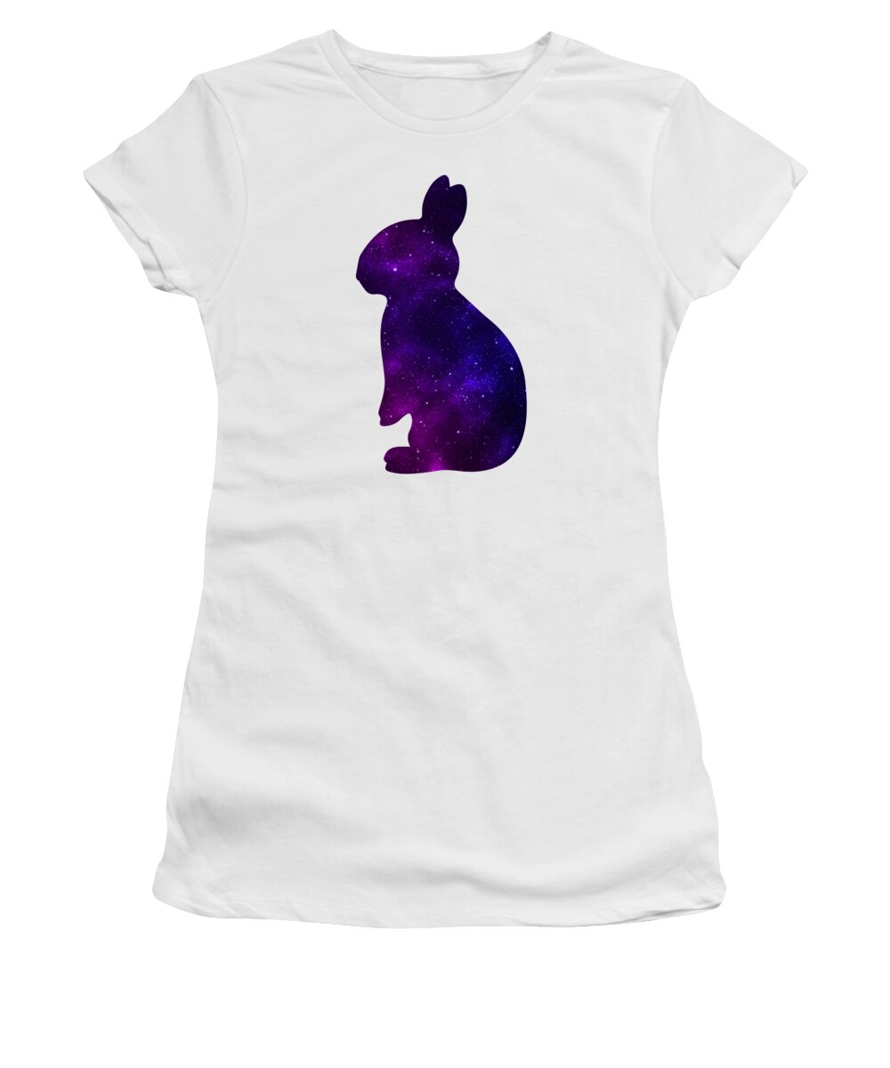 Women’s T-shirt in white with purple galaxy-style rabbit graphic on front