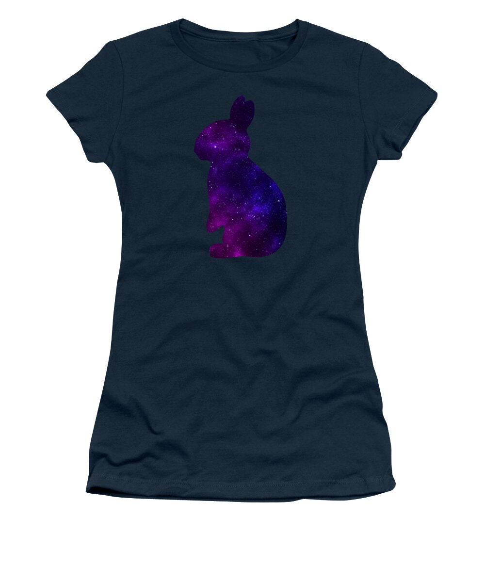 Women’s T-shirt in navy with purple galaxy rabbit graphic centered on front