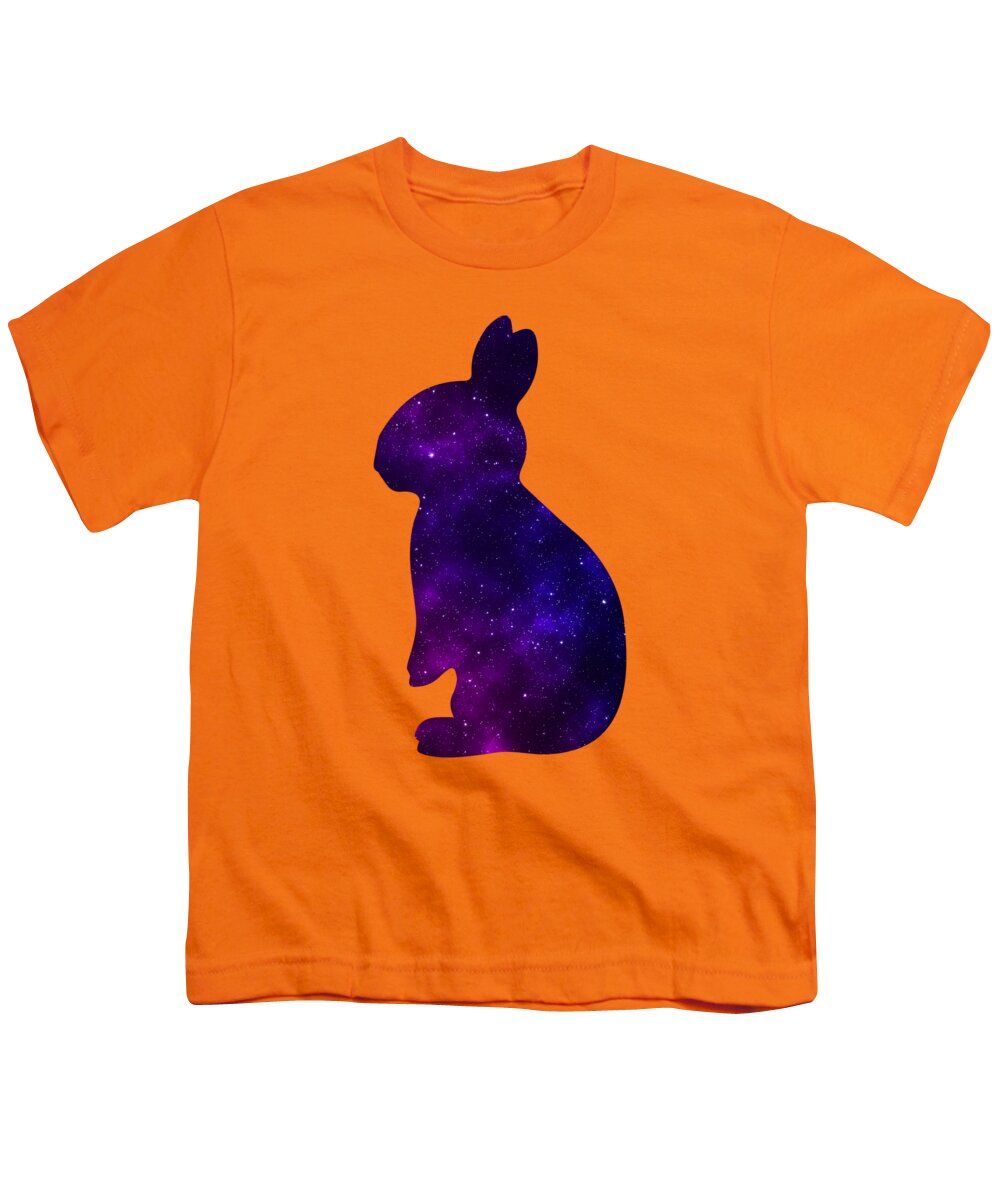 Youth orange T-shirt with purple galaxy bunny silhouette graphic on front