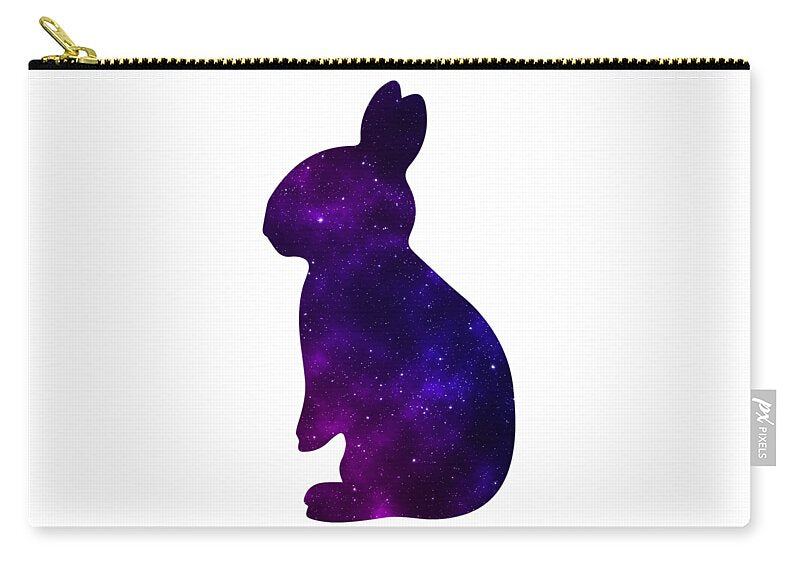 White zip pouch with centered purple galaxy rabbit silhouette and gold zipper