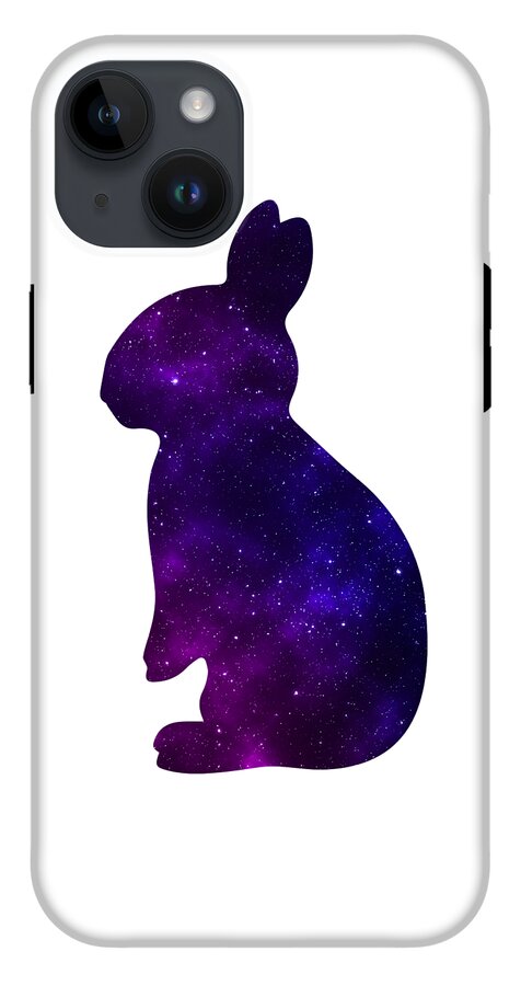 Phone case with purple galaxy rabbit silhouette on a light base, gray camera area visible.