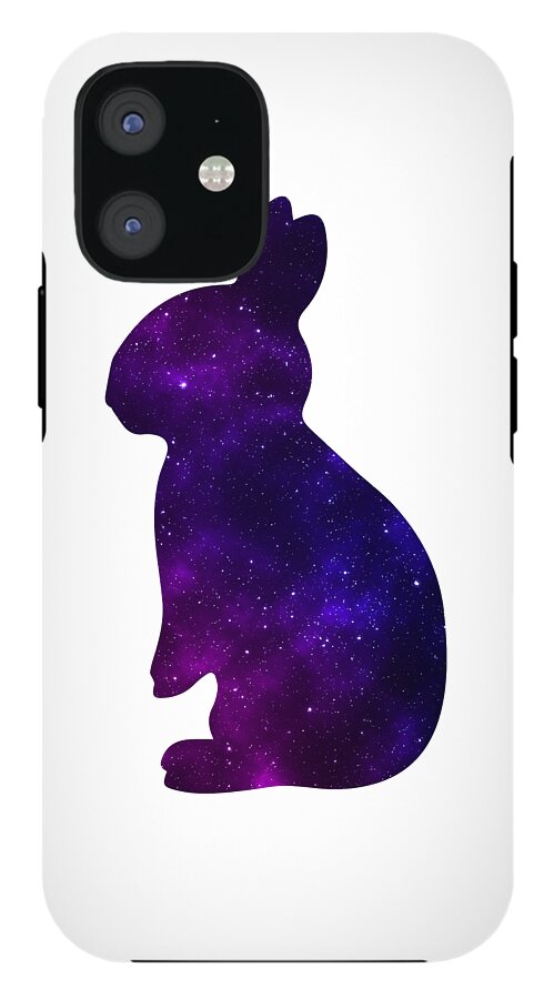 White phone case with purple galaxy rabbit silhouette, top-left camera cutouts