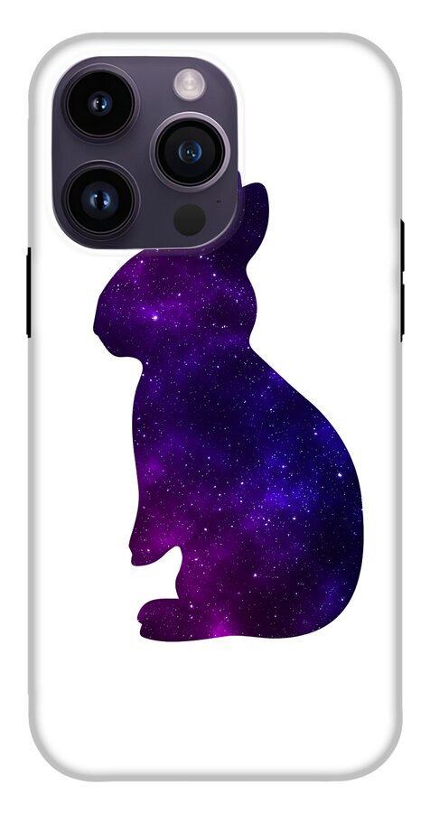 Phone case with purple galaxy rabbit silhouette, camera openings shown in a dark gray corner.