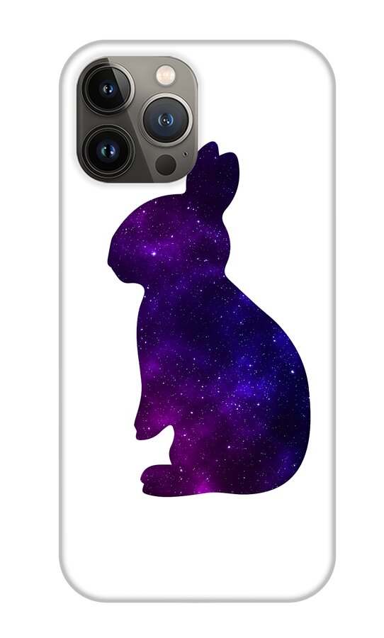 White phone case with purple galaxy rabbit silhouette and gray triple camera